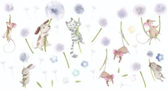 Autocolant adorabil de perete pentru copii Animale Pe Păpădii 60 x 120 cm
