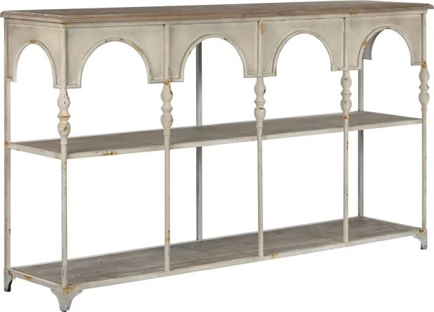 Consolă hol vintage din metal, crem, cu blat din lemn, 2 rafturi și arcade pe baluștri, 91 x [lățime] x 36,5 cm, „Arches”