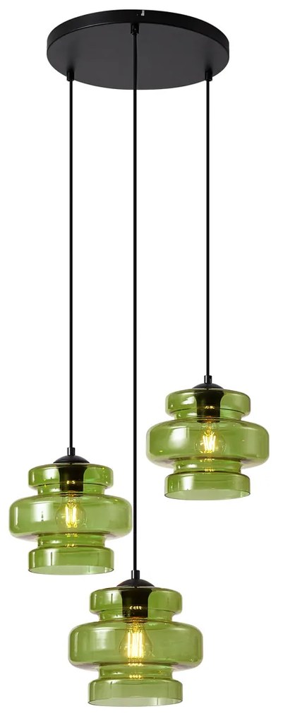 Lampă suspendată retro neagră cu sticlă verde cu 3 lumini - Denise
