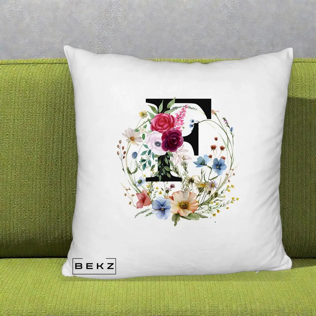 Cadou Personalizat - Perna Personalizata Monogram Litera F cu Flori Acuarela, 40x40 cm, Alb Pufos, Husa Detasabila, Perna Inclusa, BEKZ®