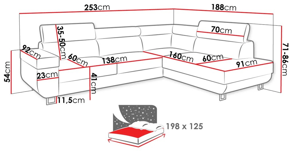 Zondo Colțar în formă de U cu tetiere reglabile Jelara (D) (manila 16). 1051152