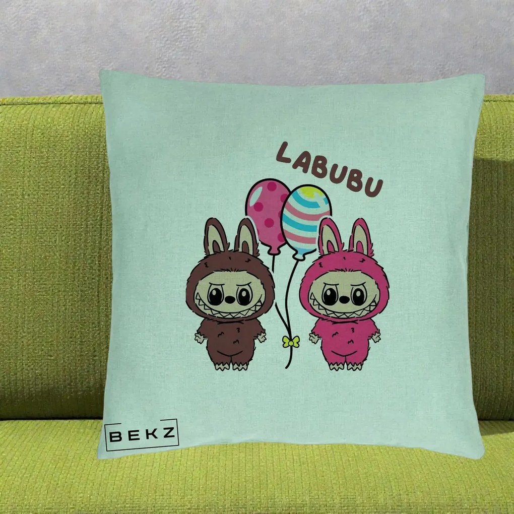 Perna Personalizata Labubu Cuplu cu Baloane, 40x40 cm, Verde Menta, Husa Detasabila, Perna Inclusa, BEKZ®