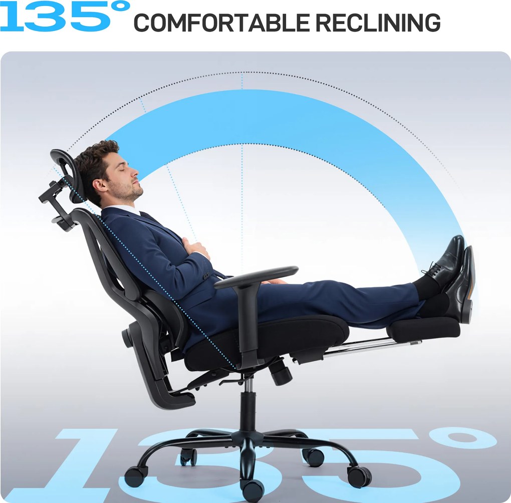 HOMCOM Scaun de birou ergonomic, cu suport lombar dinamic și suport pentru picioare, 73x75x120-128 cm, negru | Aosom Romania