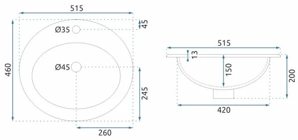 REA-U4122 - Lavoar încastrat DALIA 46x51,5 cm ceramică/alb lucios