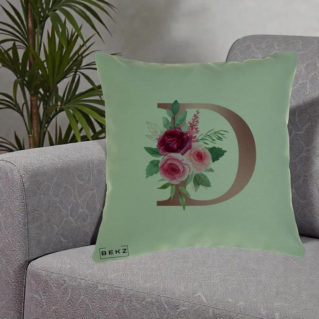 Cadou Personalizat - Perna Personalizata Monograma Rose Gold Litera D, 40x40 cm, Verde, Husa Detasabila, Perna Inclusa, BEKZ®