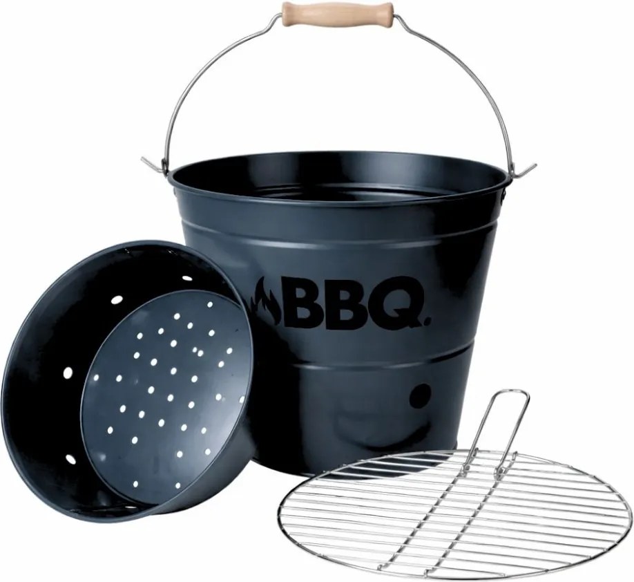 Găleată grătar BBQ portabilă Ø26 cm, metal zincat, culoare bleumarin mat, cu grătar și mâner, pentru camping și picnic