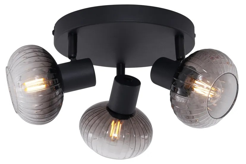 Spot plafonier rotund negru modern cu 3 lumini și sticlă fumurie - Teddy