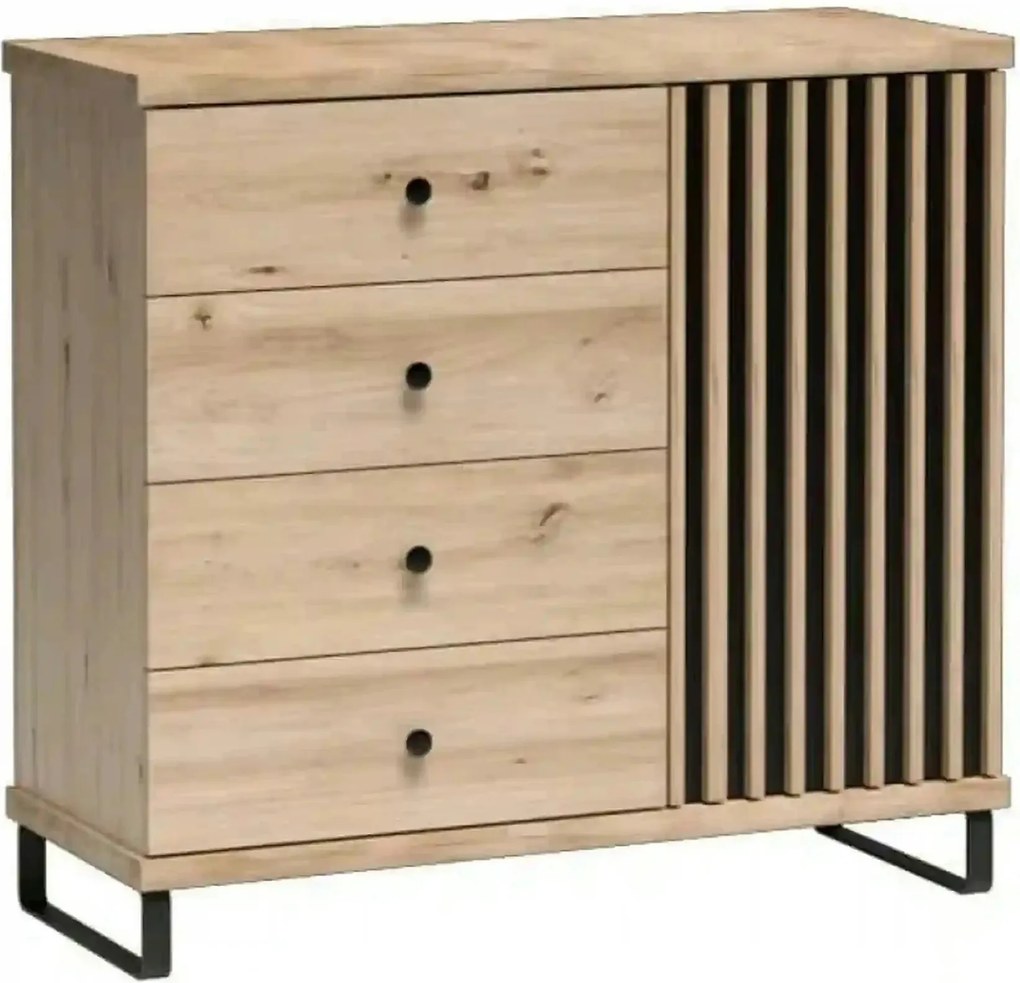 Comoda CALI C5, stejar arisan/negru, PAL, cu 4 sertare si o usa, 101.6