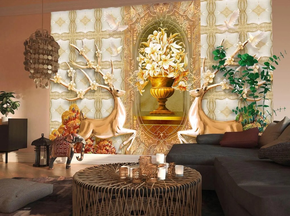 Fototapet 3D, Cerbi si o vaza de flori pe un fundal auriu Art.05345