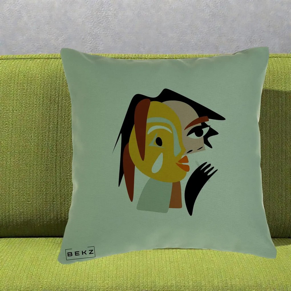 Perna Decorativa Portret Abstract Galben-Ocru, 40x40 cm, Verde, Husa Detasabila, Perna Inclusa, BEKZ®