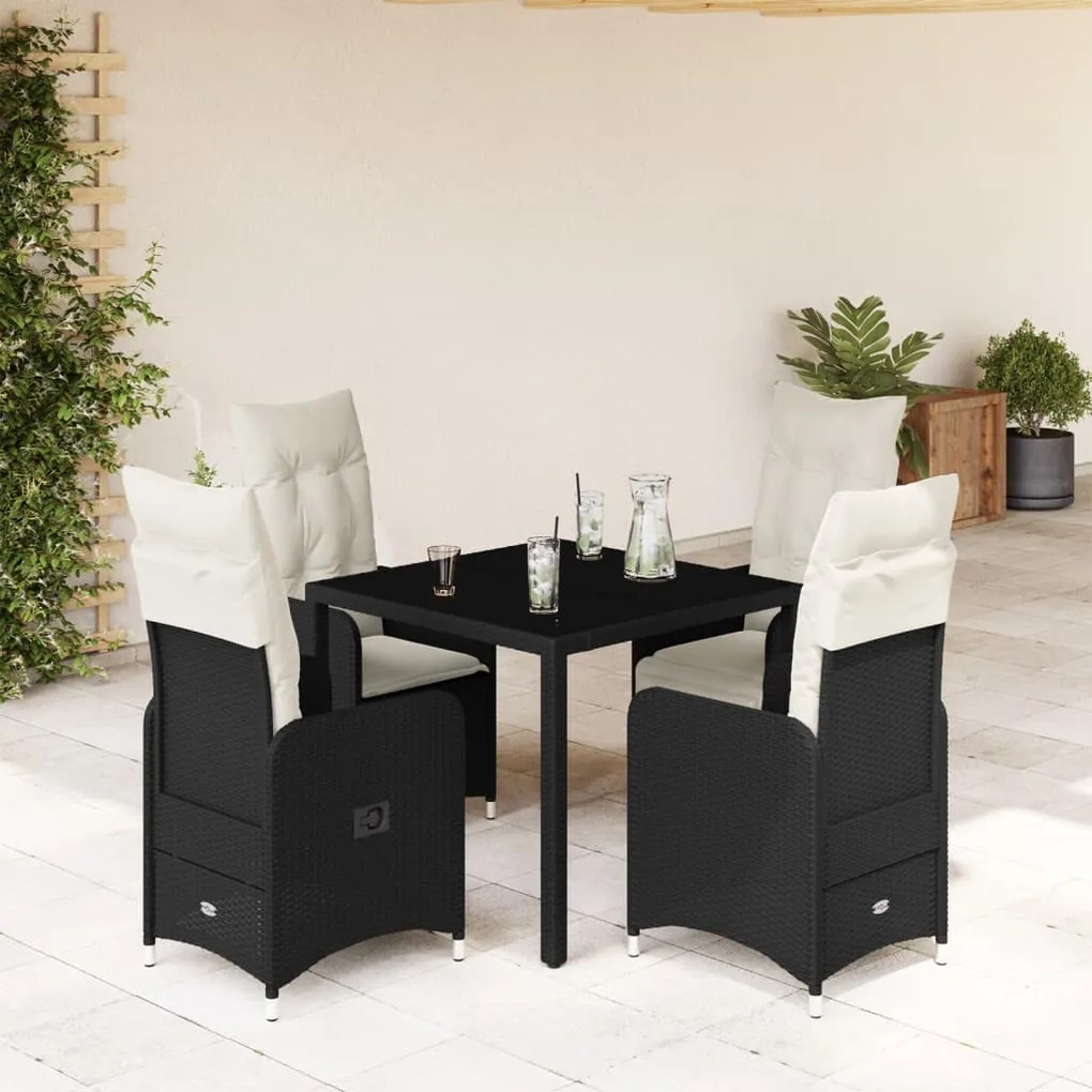 3276989 vidaXL Set bistro de grădină cu perne, 5 piese, negru, poliratan