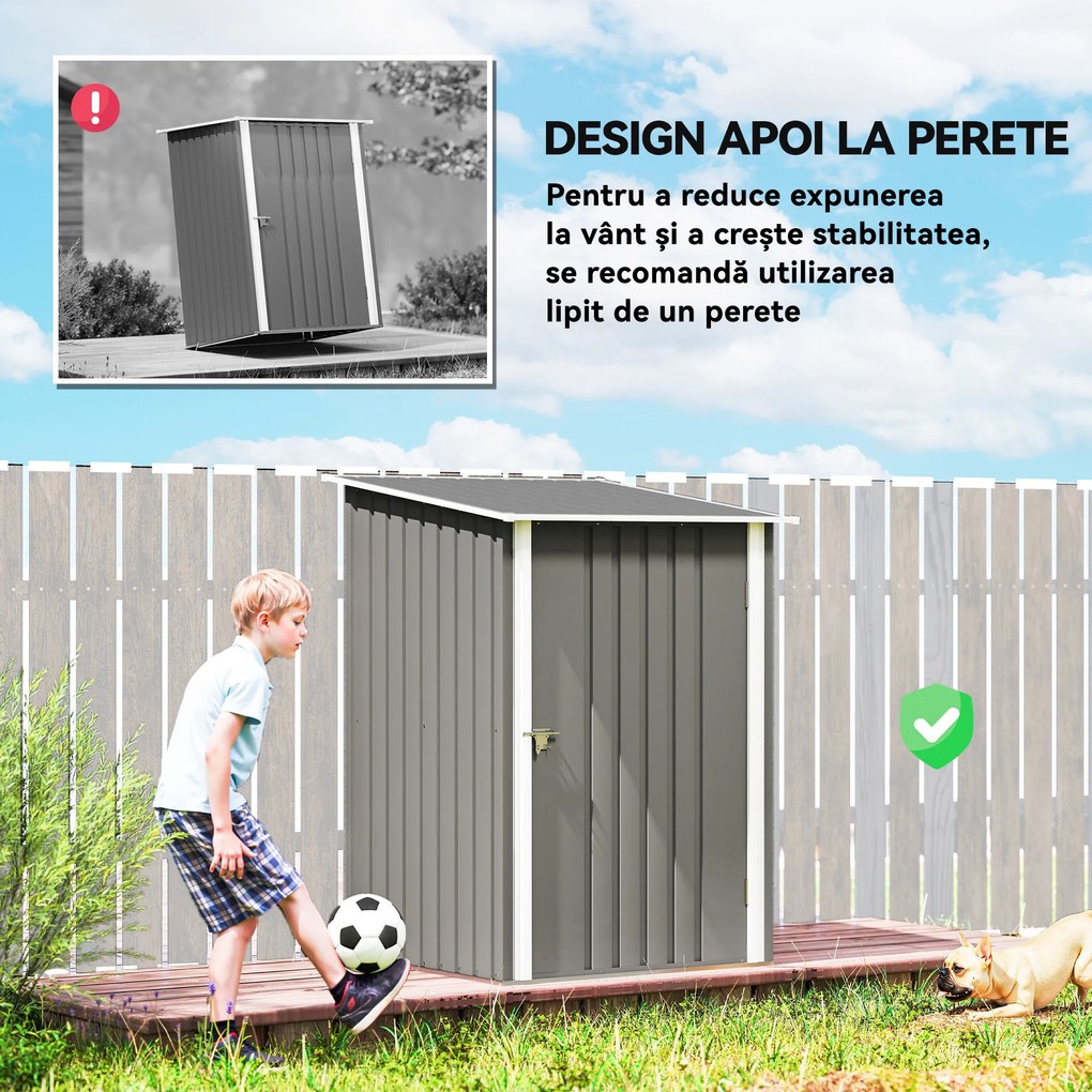 Outsunny Căsuță de Grădină 0.92m² din Oțel Galvanizat, Capann pentru Unelte cu Ușă Blocabilă, Acoperiș Înclinat, 100x104x160 cm, Gri | Aosom Romania