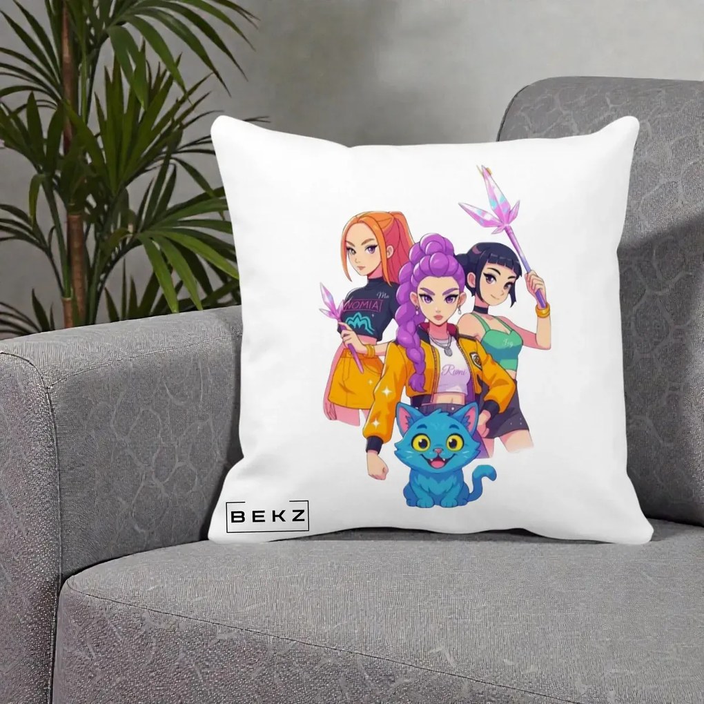 Perna Personalizata K-pop HUNTRX Trio cu Pisica si Cristale, 40x40 cm, Alba Mata, Husa Detasabila, Perna Inclusa, BEKZ®