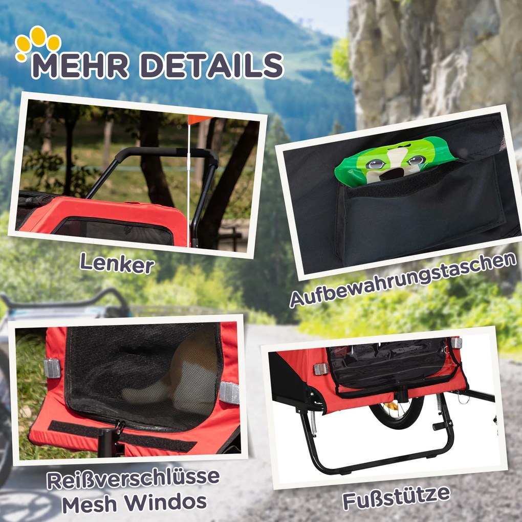 PawHut Remorcă pentru copii, remorcă pentru bicicletă, inclusiv elemente reflectorizante, 1 drapel, 170 cm x 77 cm x 90 cm, Roșu | Aosom Romania