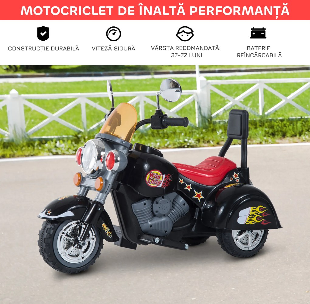 HOMCOM Motoretă Electrică pentru copii 3-6 ani cu 3 Roți, Sunete și Lumini, 92x53x67cm,Negru | Aosom Romania