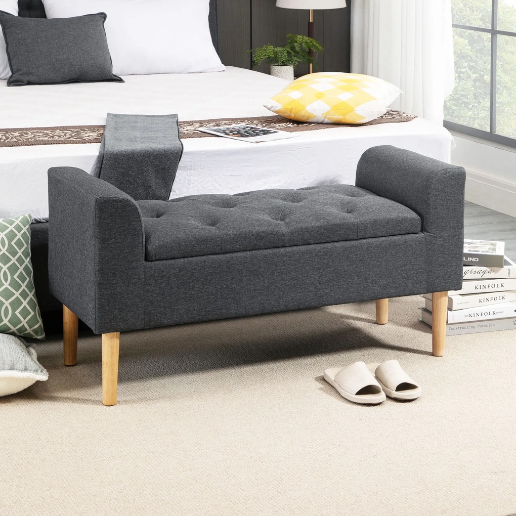 HOMCOM Banc de depozitare capitonat cu brațe, pentru dormitor, hol, sufragerie, suport 130 kg, 116 x 44 x 58, gri închis | Aosom Romania