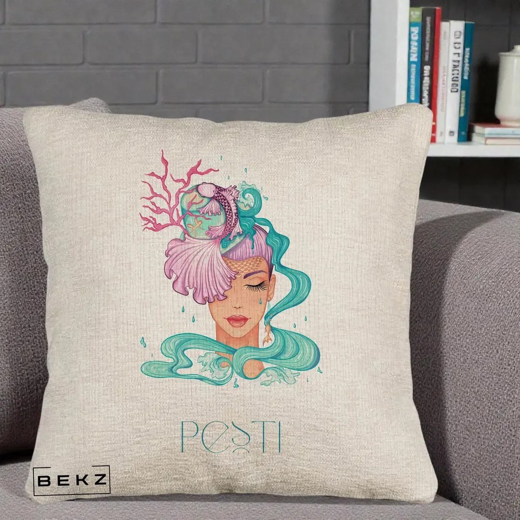 Perna Personalizata Zodiac Pesti Cowgirl, 40x40 cm, Bej Canapea, Husa Detasabila, Perna Inclusa, BEKZ®