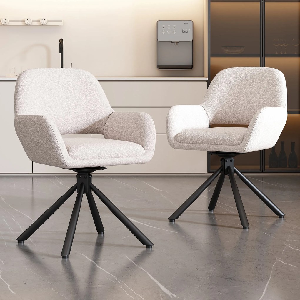 Set de 2 scaune de dining moderne, tapițate în sherpa, cu cotiere și funcție rotativă, Alb