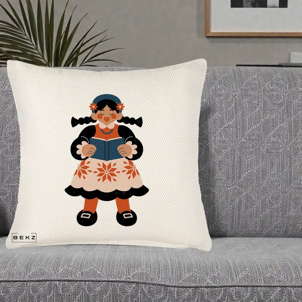 Perna Personalizata Fetita cu Carte Ilustratie Folk, 40x40 cm, Crem Reliefat, Husa Detasabila, Perna Inclusa, BEKZ®