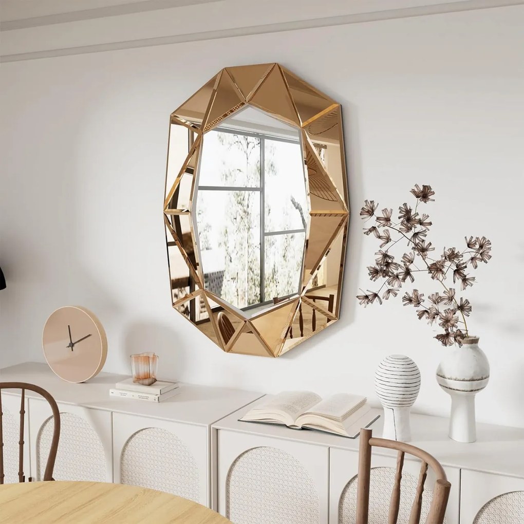 OGG35 - Oglinda ornamentala 3D 72 x 100 cm, pentru perete, dormitor, living - Verde / Argintiu / Auriu