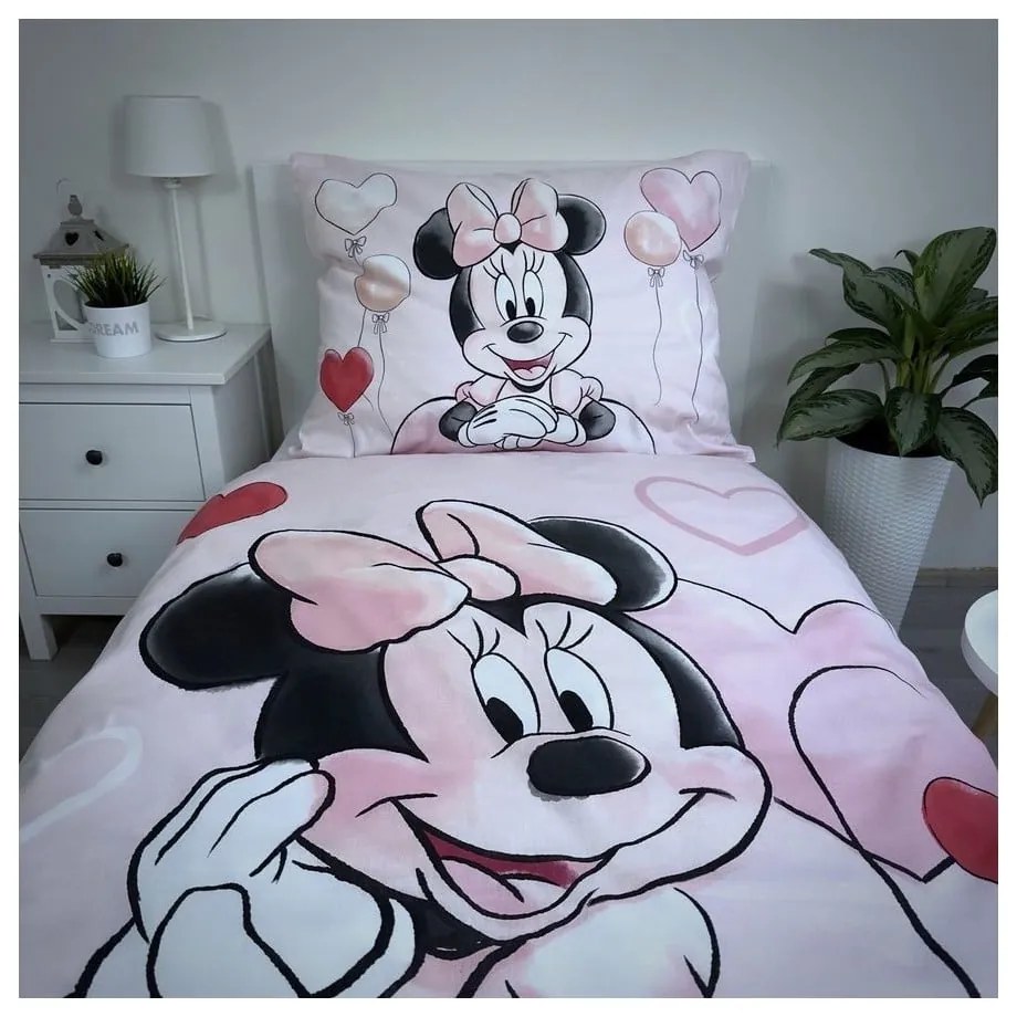 Lenjerie de pat pentru copii roz din bumbac pentru pat de o persoană 140x200 cm Minnie "Balloon" – Jerry Fabrics