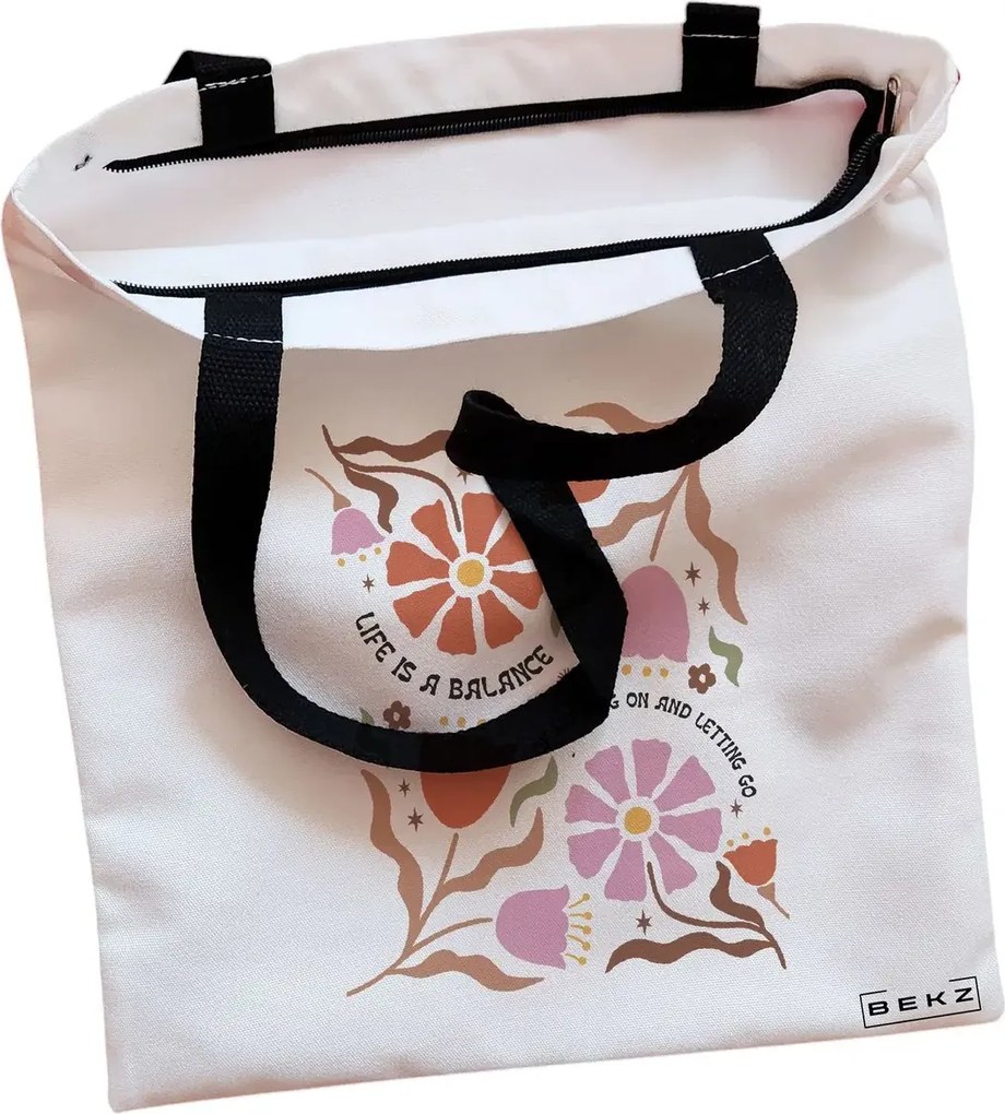 Sacosa de Panza pentru Cumparaturi, Geanta Tote, Boho Style 7, Cu fermoar, 38x34.5 cm, Alba, BEKZ®