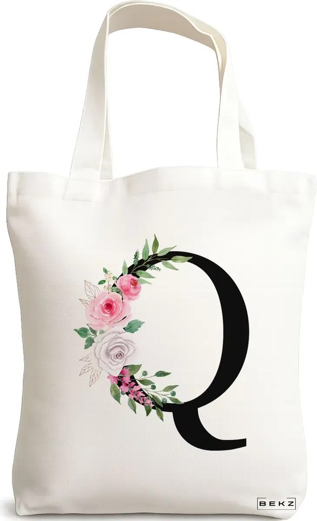 Sacosa de Panza pentru Cumparaturi, Geanta Tote, Cu litera Q si Trandafiri, 38x34.5 cm, Alba, BEKZ®