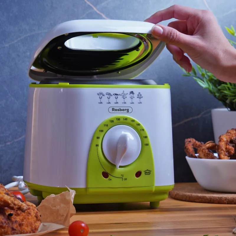 La mâna a doua: Friteuza mini Rosberg , 950W, 1 litru, Termostat, Strat antiaderent, Alb / Verde