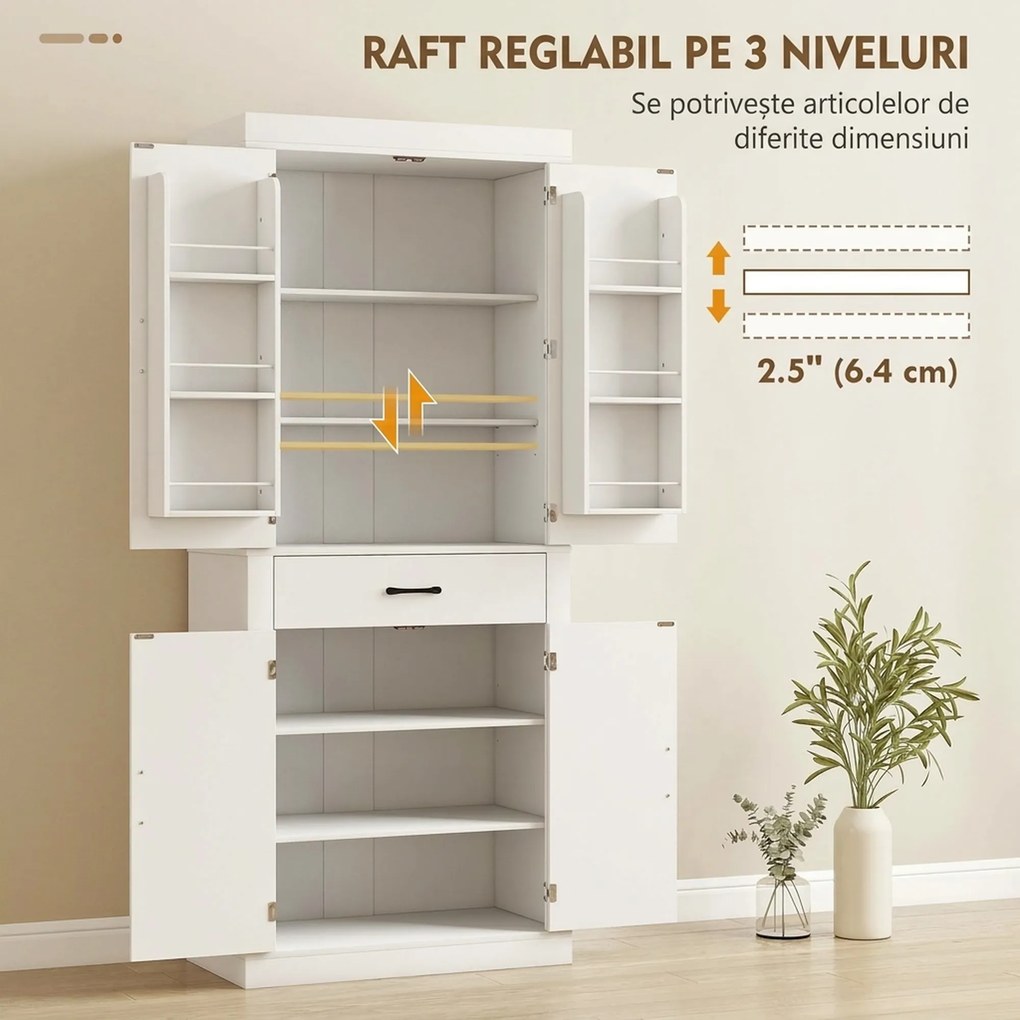 HOMCOM Dulap de bucătărie în stil country cu 2 dulapuri, 6 rafturi și un sertar, din lemn, 76x39,5x183,5 cm, alb | Aosom Romania