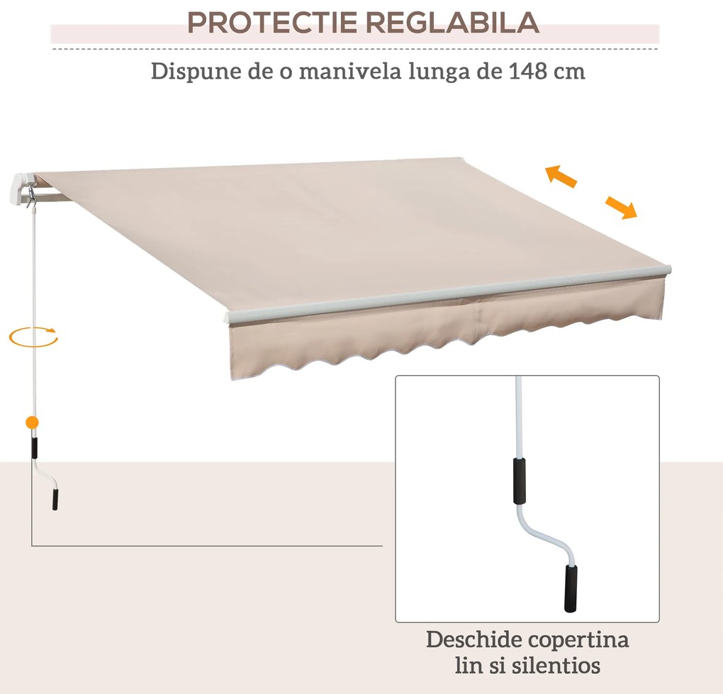 Outsunny Copertină Extensibilă pentru Exterior, Copertină Roll-Up cu Deschidere Manivelă, 295x200 cm, Bej | Aosom Romania