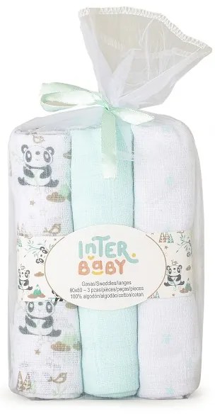 Set 3 museline 80 x 80 cm model panda - alb si verde Inter Baby