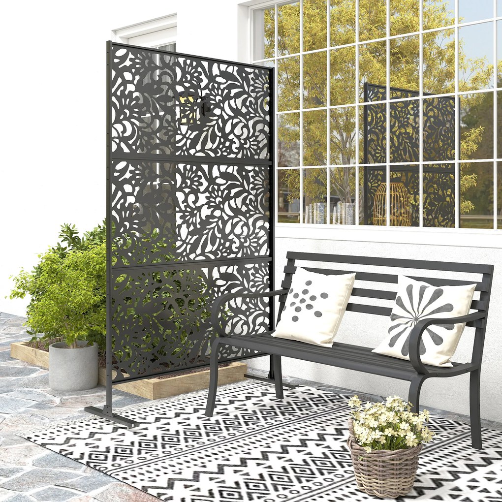 Outsunny Panou paravan decorativ exterior Claustra decorativă grădină 3 panouri cu model floral Oțel 122 x 45 x 198 cm Negru | Aosom Romania