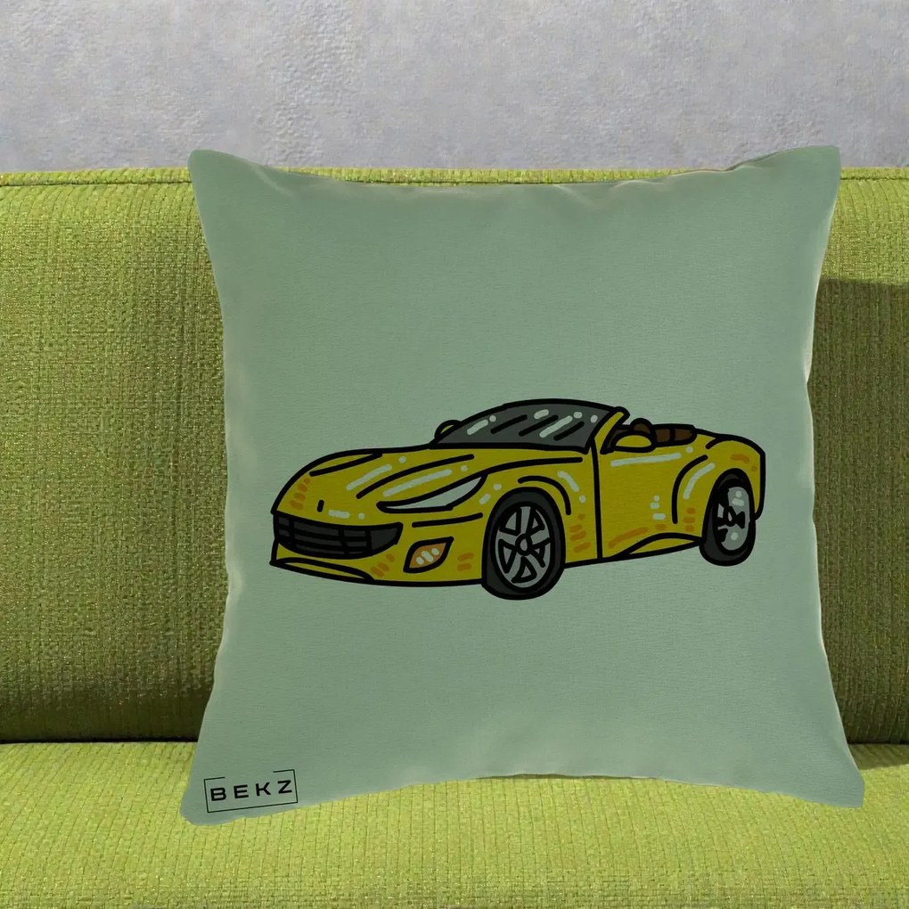 Perna Personalizata Masina Cabriolet Galbena Grafic, 40x40 cm, Verde, Husa Detasabila, Perna Inclusa, BEKZ®