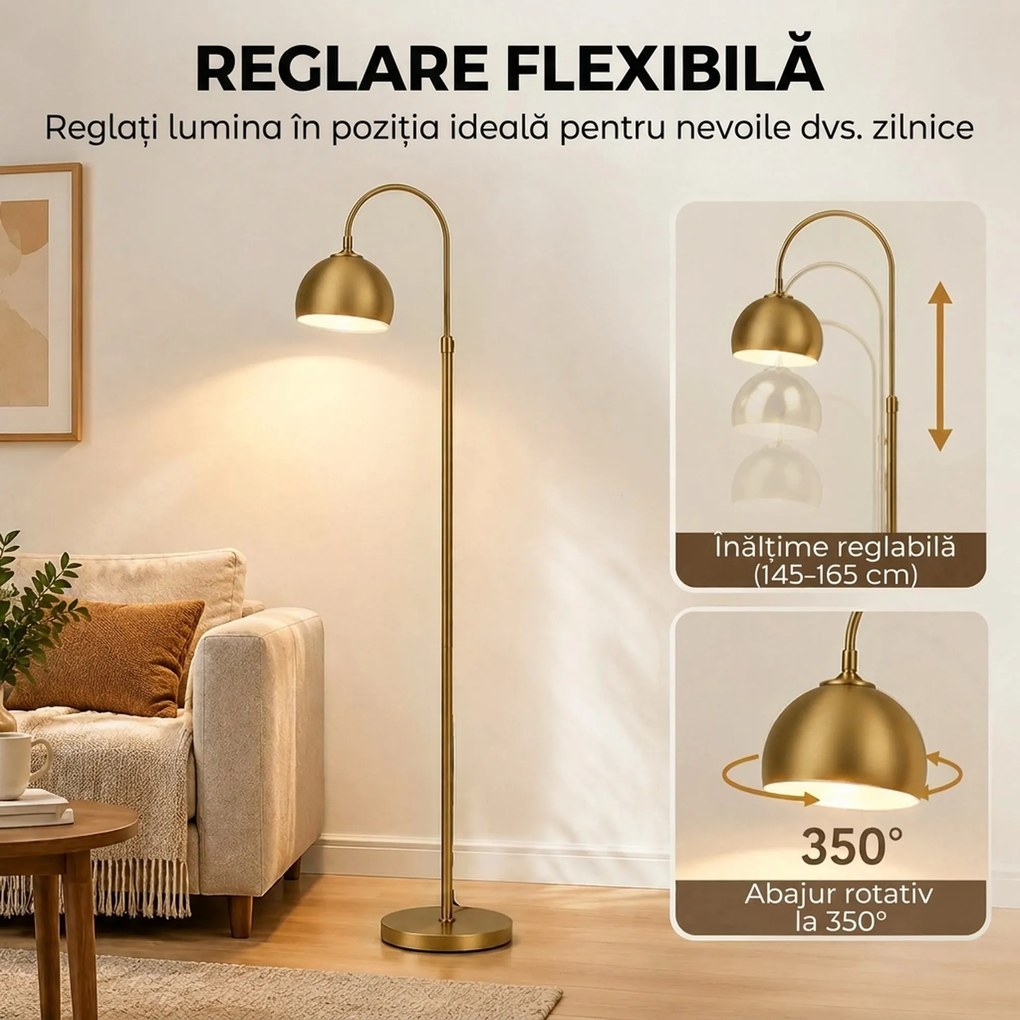 HOMCOM Lampadar modern 40W E27, înălțime reglabilă, abajur orientabil, întrerupător cu pedală, auriu | Aosom Romania