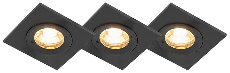 Set de 3 spoturi incastrate pentru baie negru pătrat IP44 - Xena