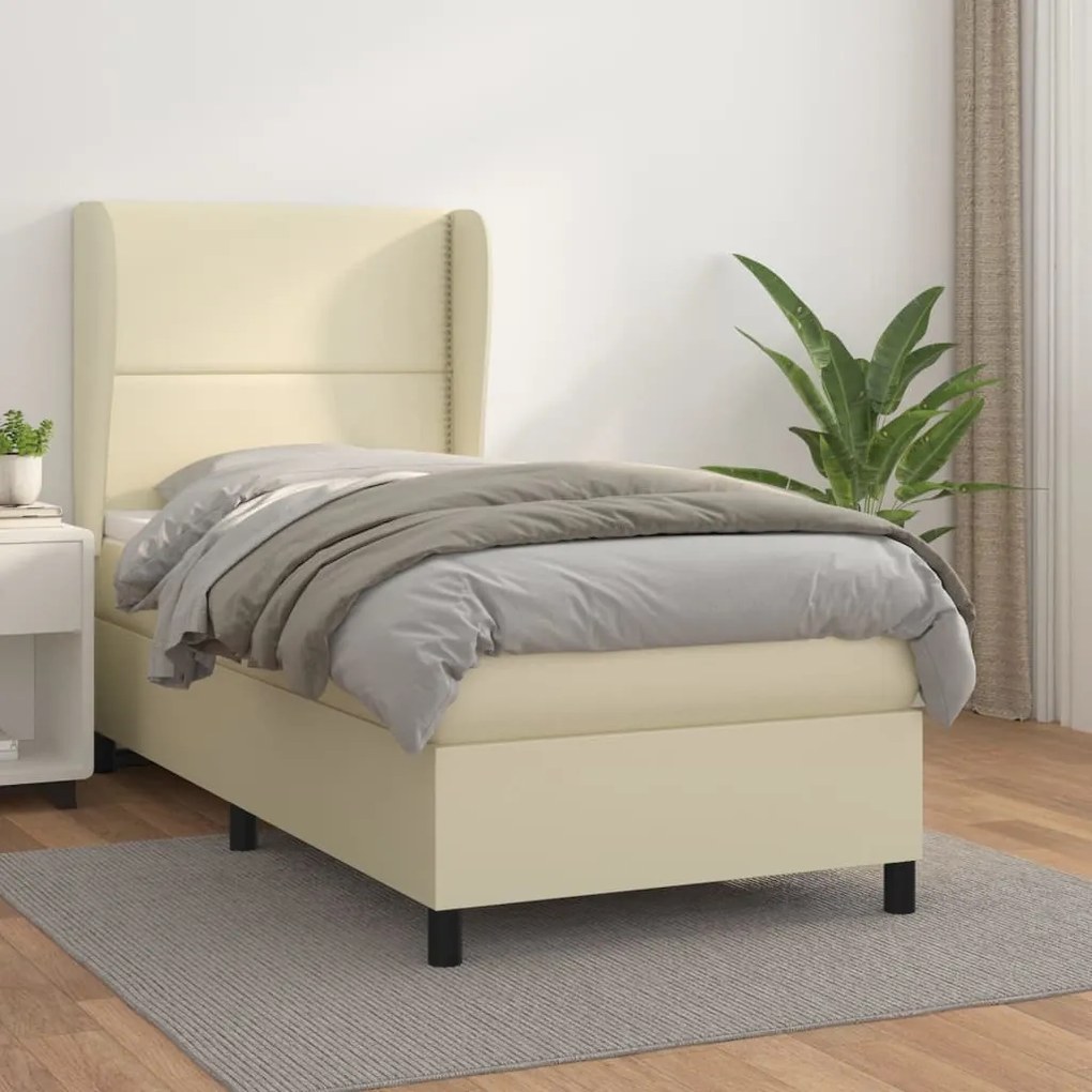 3128957 vidaXL Pat box spring cu saltea, crem, 100x200 cm, piele ecologică