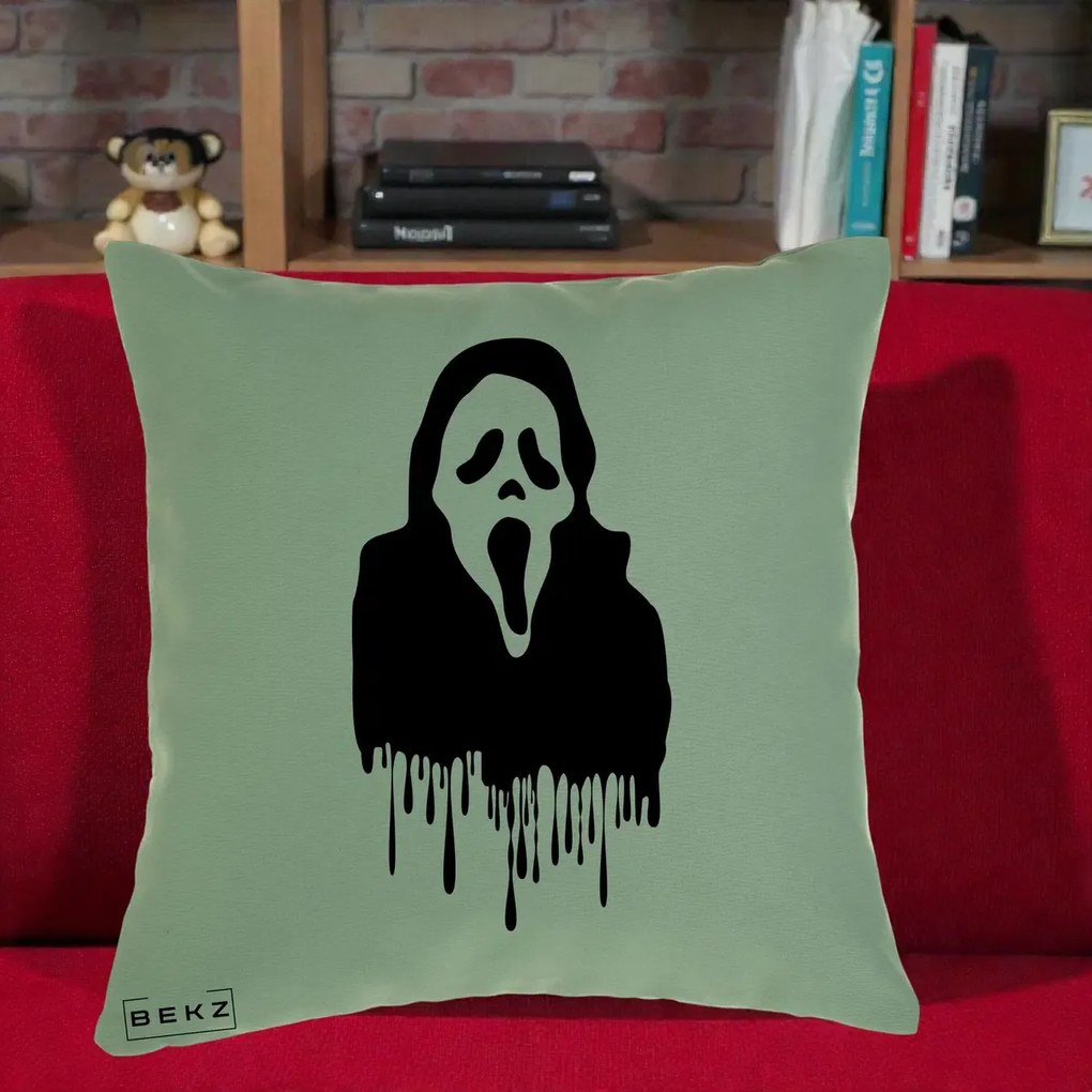 Perna Personalizata Halloween Ghostface Scream Picurand, 40x40 cm, Verde, Husa Detasabila, Perna Inclusa, BEKZ®