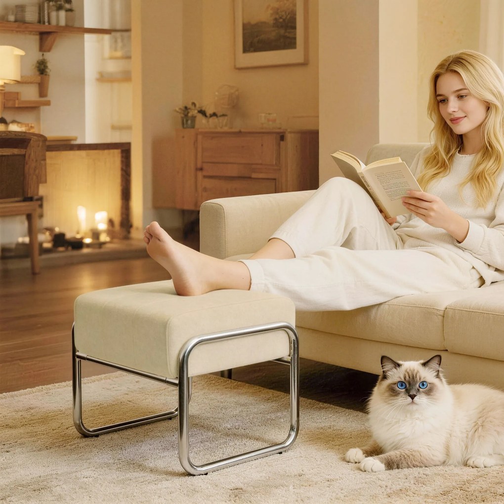 HOMCOM Taburet pentru picioare Taburet tapițat Pernă groasă cu material chenille, picioare din oțel pentru dormitor, Bej | Aosom Romania