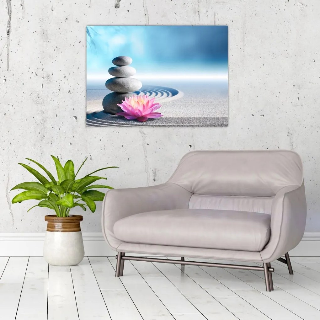 Tablou pe sticlă cu nisip, crin și pietrele spa (70x50 cm)