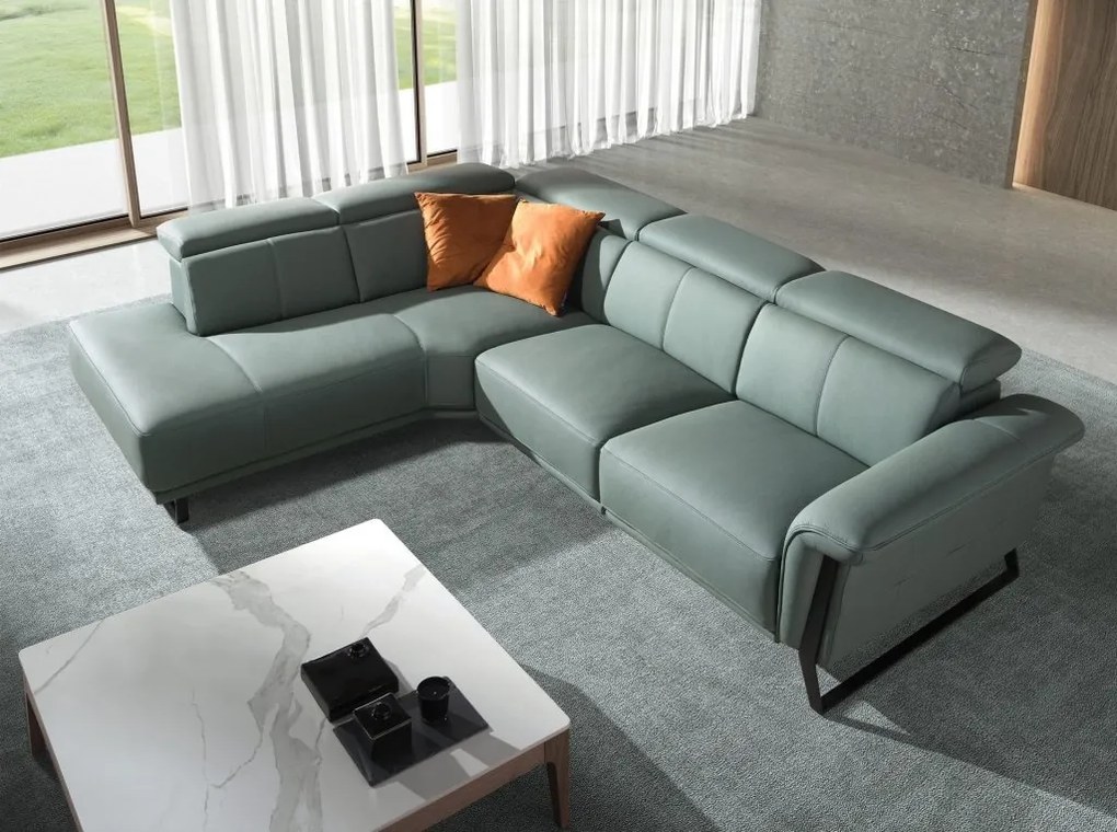 Coltar LUX design italian cu sezlong stanga si functia relax Cowhide verde turcoaz