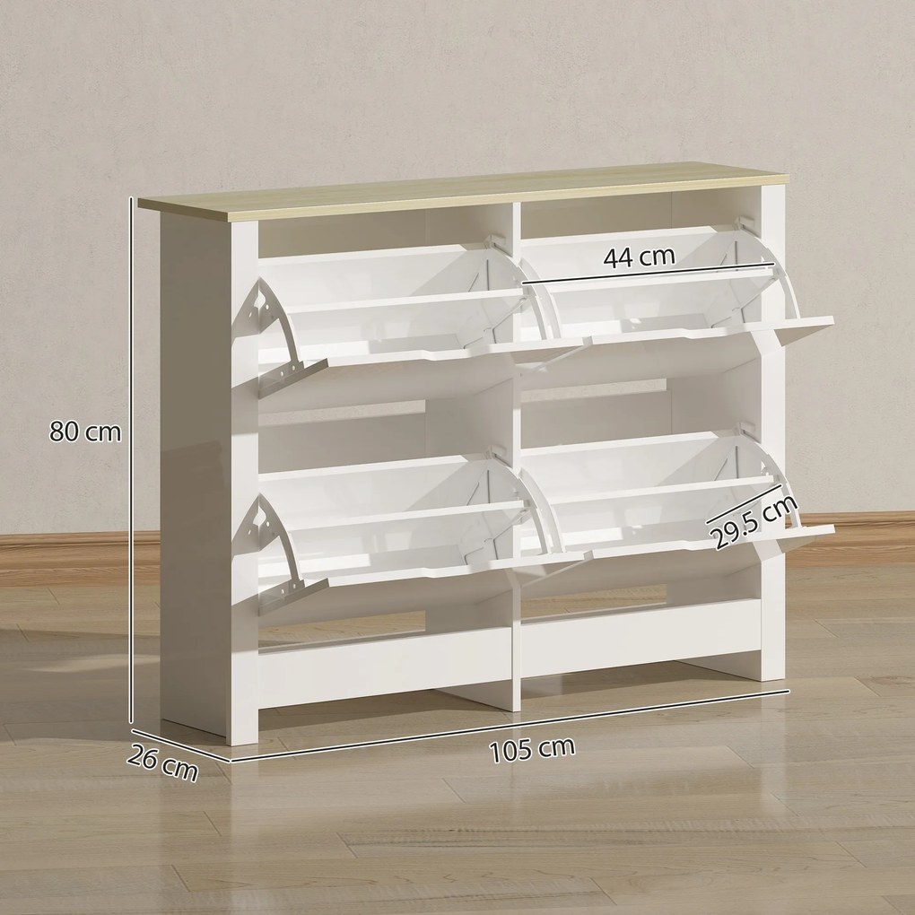 HOMCOM Dulap pentru pantofi 16 perechi, dulap îngust pentru pantofi cu 4 sertare rabatabile și rafturi reglabile, stil modern, pentru hol, intrare, 105 x 26 x 80 cm, alb și stejar | Aosom Romania