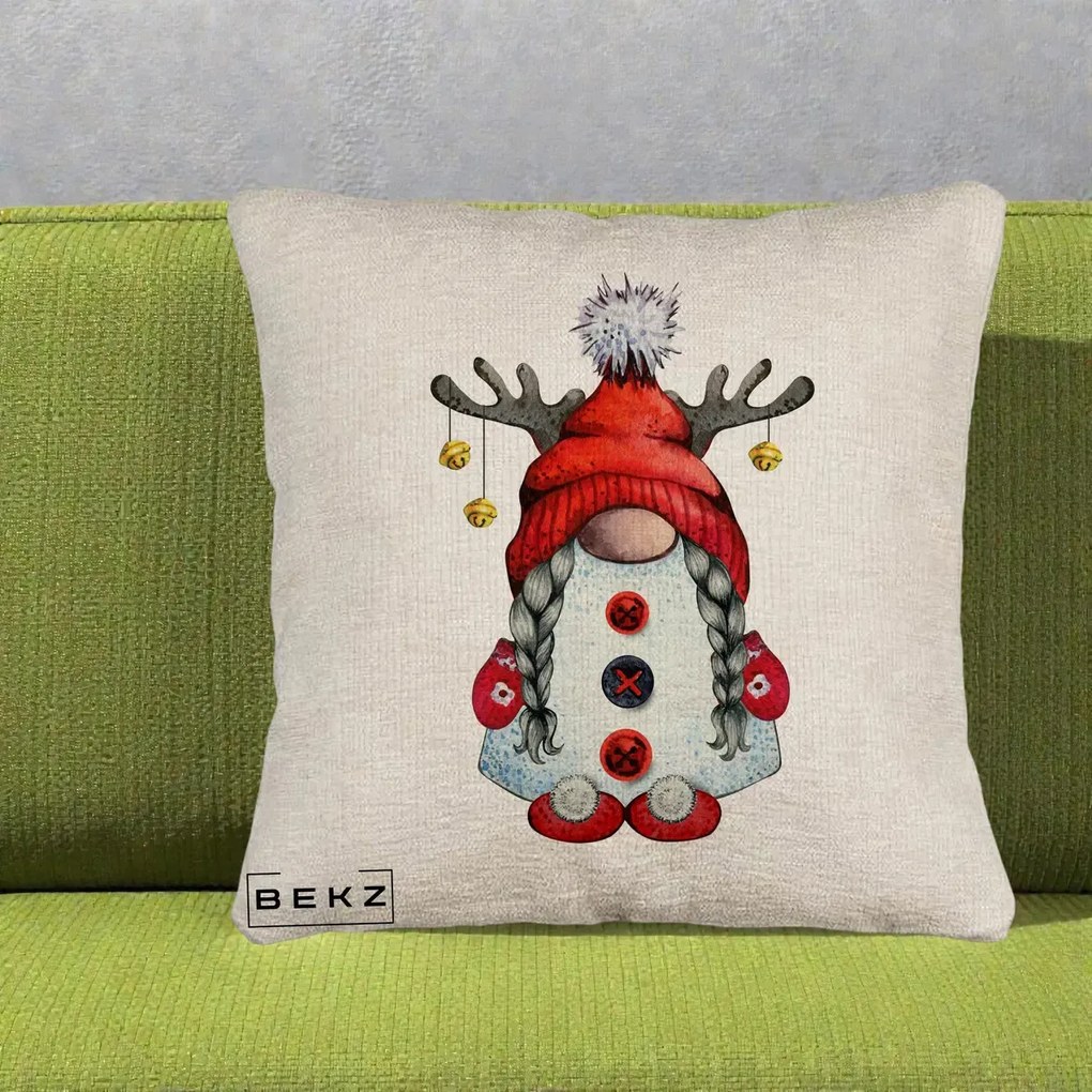 Perna Decorativa Pitic Gnom Craciun cu Coarne de Ren, 40x40 cm, Bej Canapea, Husa Detasabila, Perna Inclusa, BEKZ®