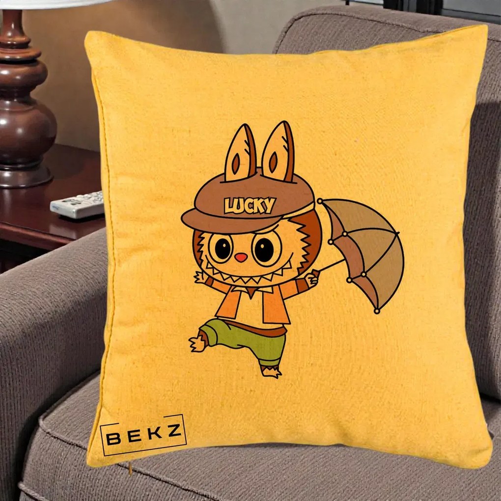 Perna Personalizata Labubu Lucky cu Umbrela, 40x40 cm, Galben, Husa Detasabila, Perna Inclusa, BEKZ®
