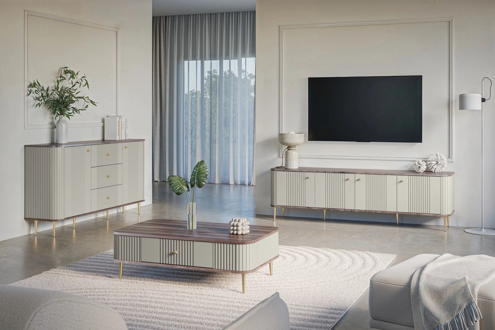 Comodă TV Vesper 4D 187 cm - cașmir / nuc / picioare aurii