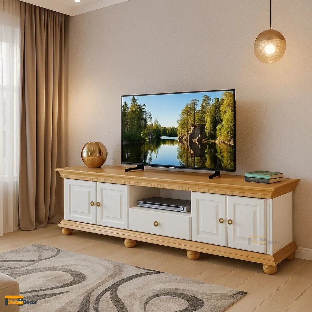 Comoda TV lemn masiv Luxus alb/stejar 220 x 45 x 55 cm