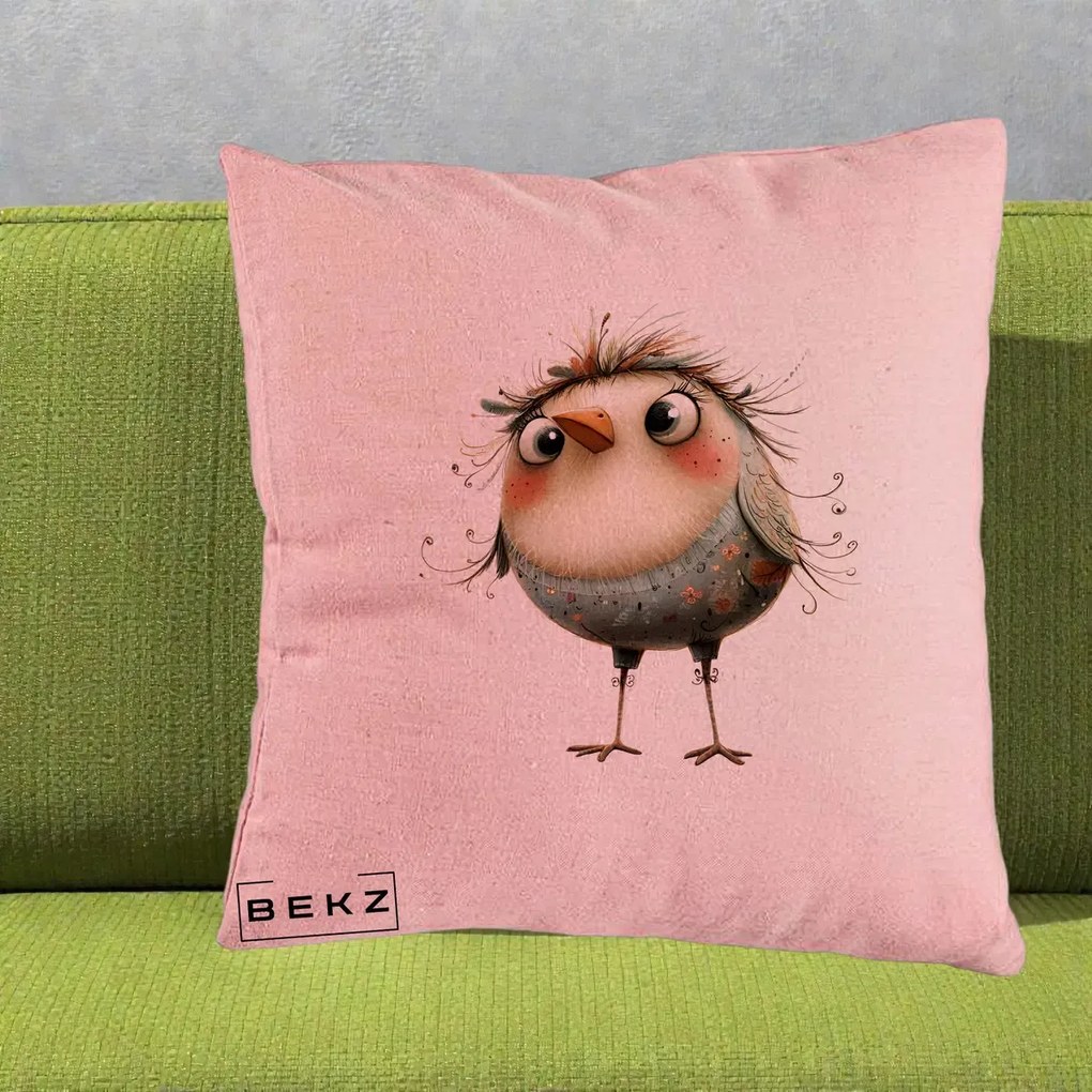 Perna Decorativa Pasare cu Penaj Zbarlit si Gene, 40x40 cm, Roz, Husa Detasabila, Perna Inclusa, BEKZ®