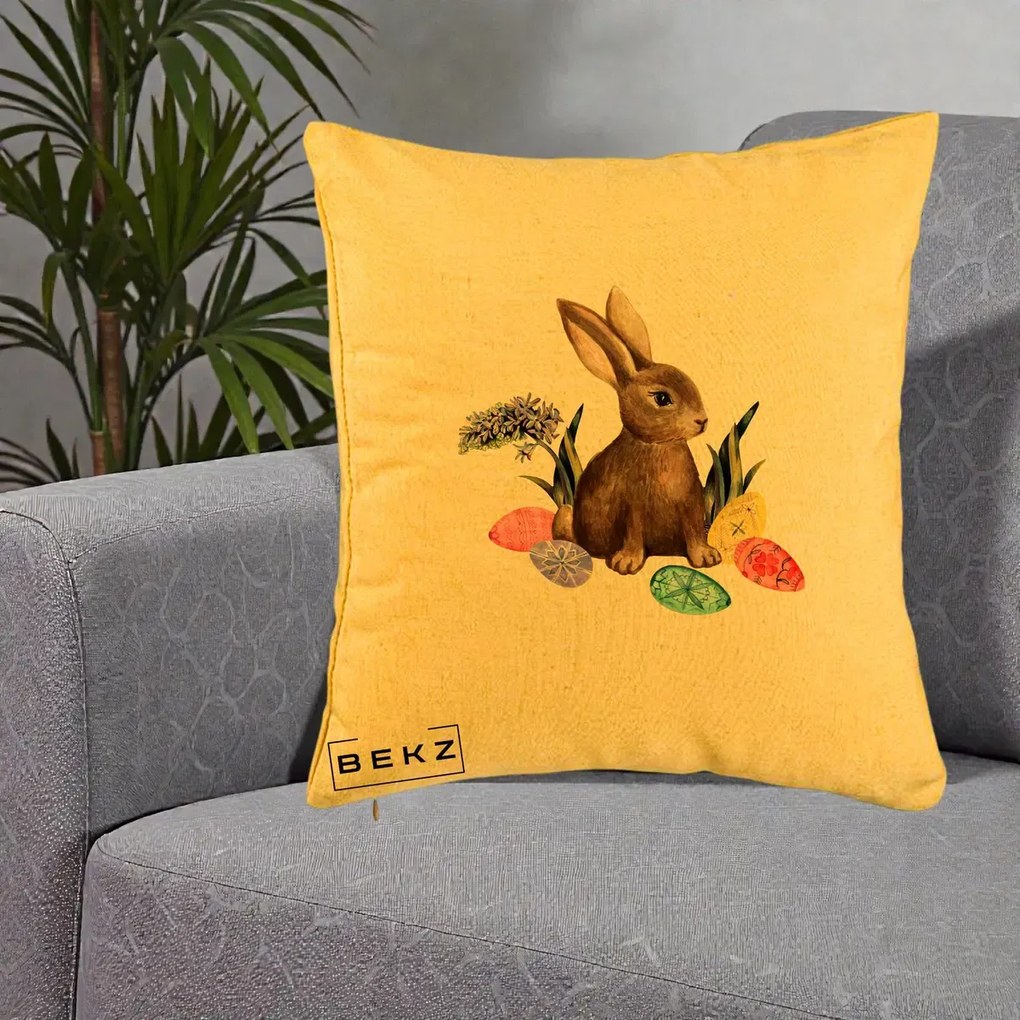 Perna Decorativa Iepuras cu Oua de Pasti Acuarela, 40x40 cm, Galben, Husa Detasabila, Perna Inclusa, BEKZ®
