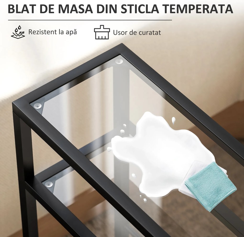 HOMCOM Măsuță de Cafea cu 3 Rafturi din Sticlă și Oțel 40x18x62 cm Negru | Aosom Romania