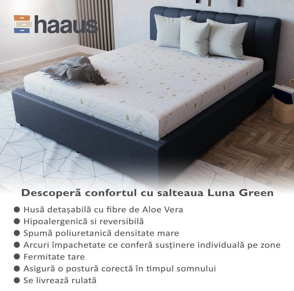 Saltea Ortopedica Luna Green, Aloe Vera, arcuri impachetate, husa detasabila, 90 x 200 x 20 cm