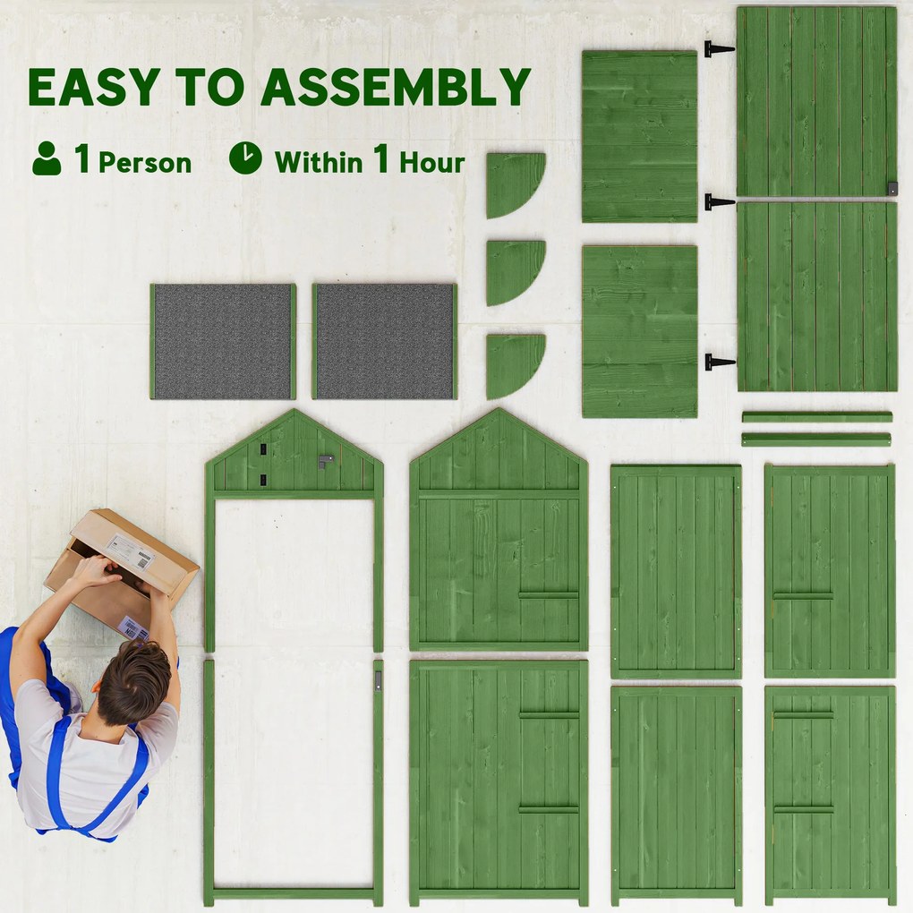 Outsunny Dulap de grădină din lemn, șopron pentru unelte cu 3 rafturi detașabile, ușă încuiabilă, acoperiș în două ape cu asfalt, ventilație | Aosom Romania